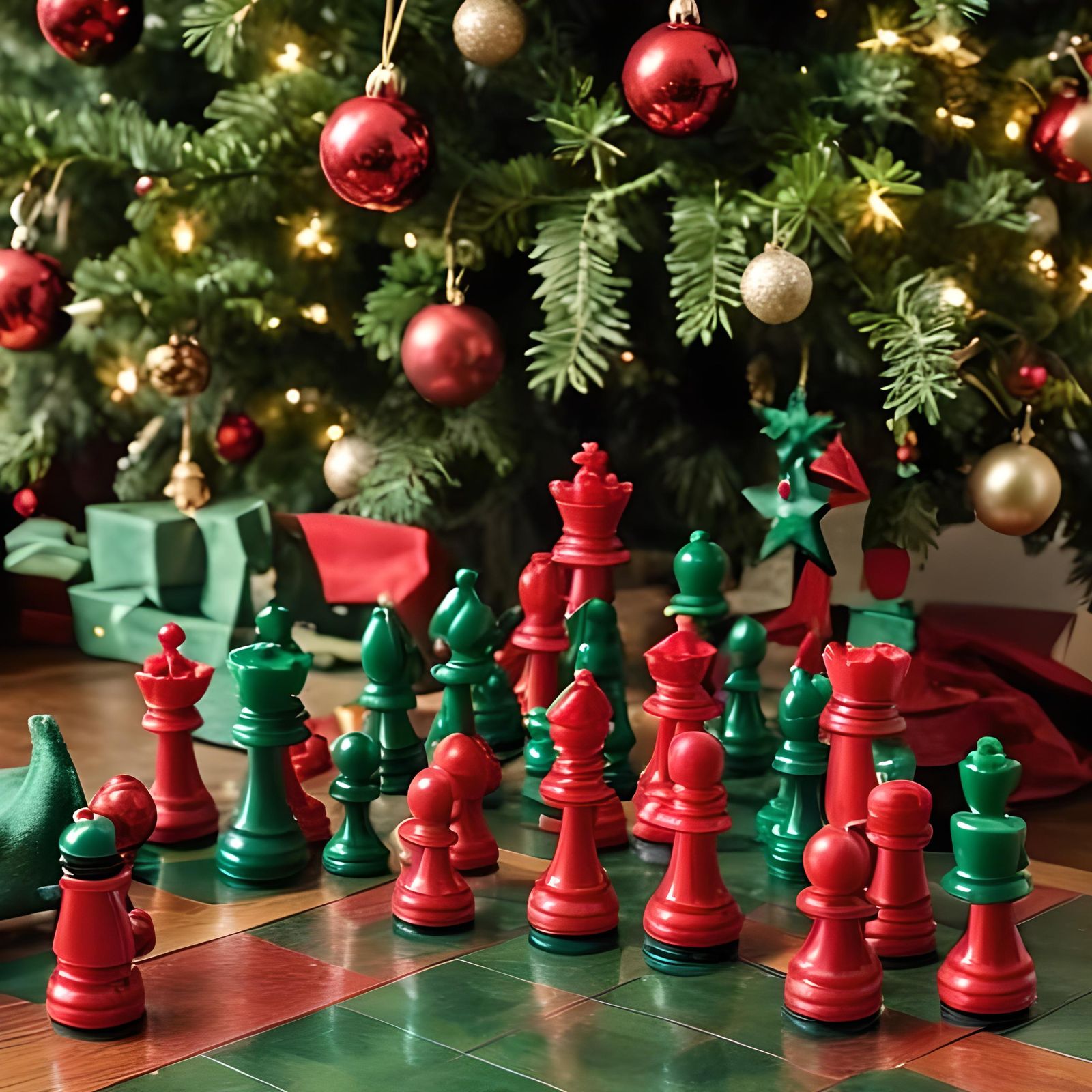 Jade and Cinnabar Chess Set Under Christmas Tree