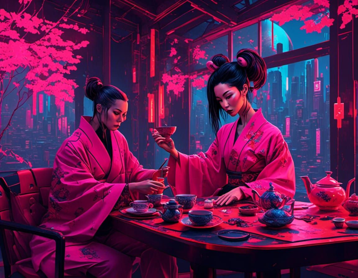 Cyberpunk Samurai Tea Ceremony in Neon City