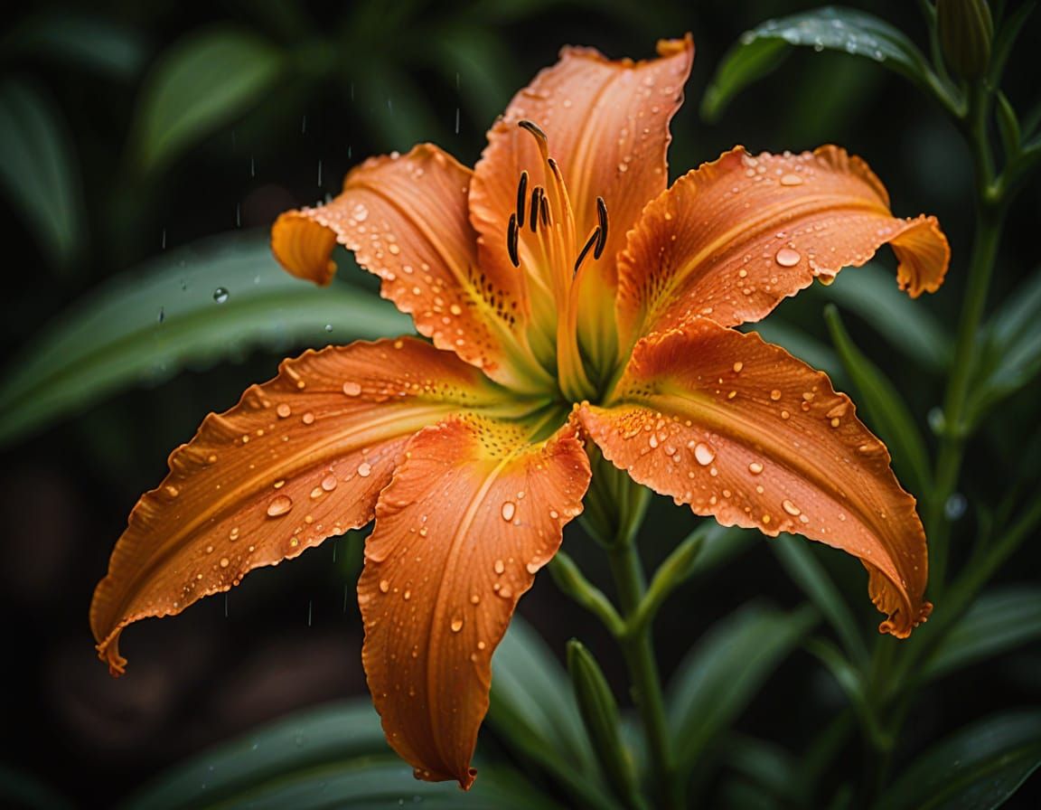 Macro Shot of Orange Lily with Dripping Raindrop