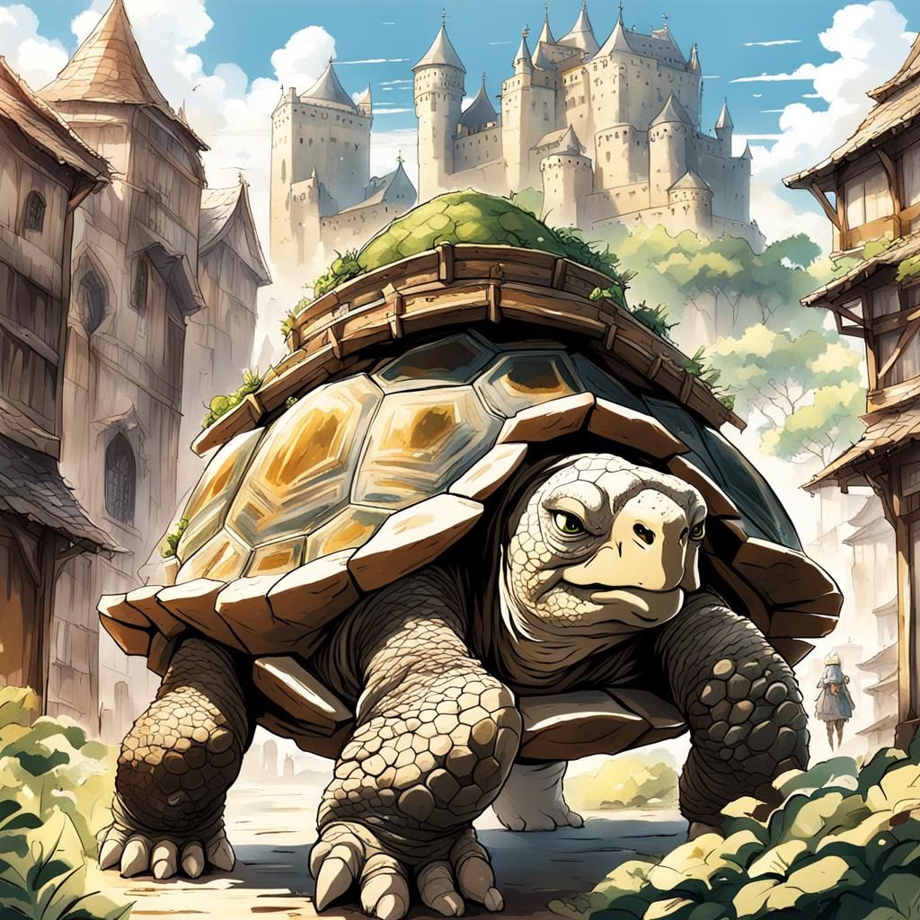 Giant Tortoise Carries Fantasy City: Ghibli Style