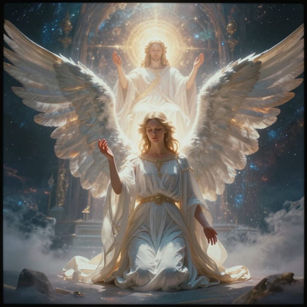 Angel Kneels Before God in Celestial Panorama