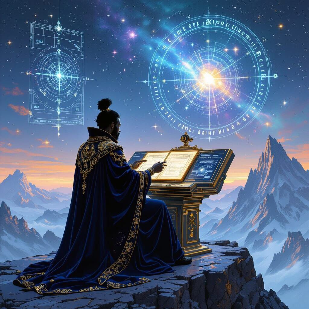 Celestial Cartographer King in Cosmic Surrealism Style