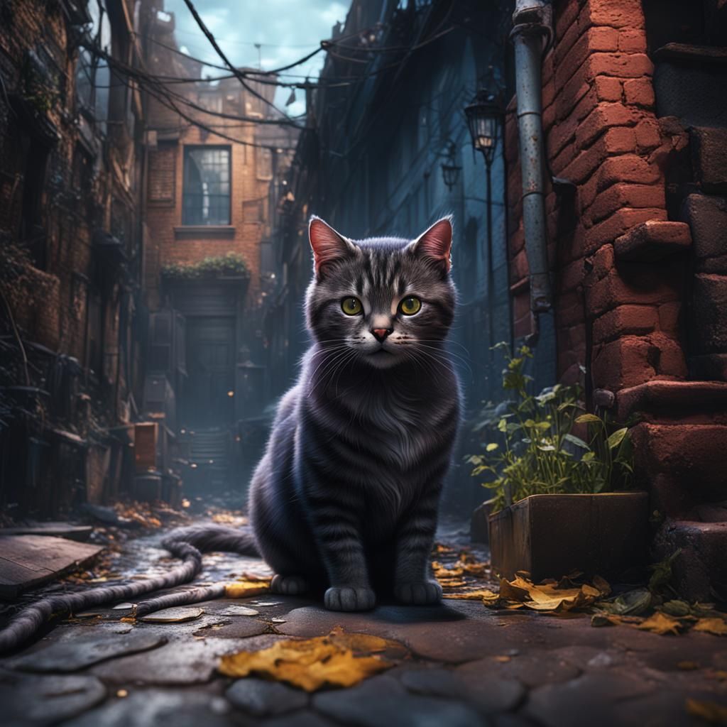 Pussycat Grooming in Alleyway: Detailed Matte Painting