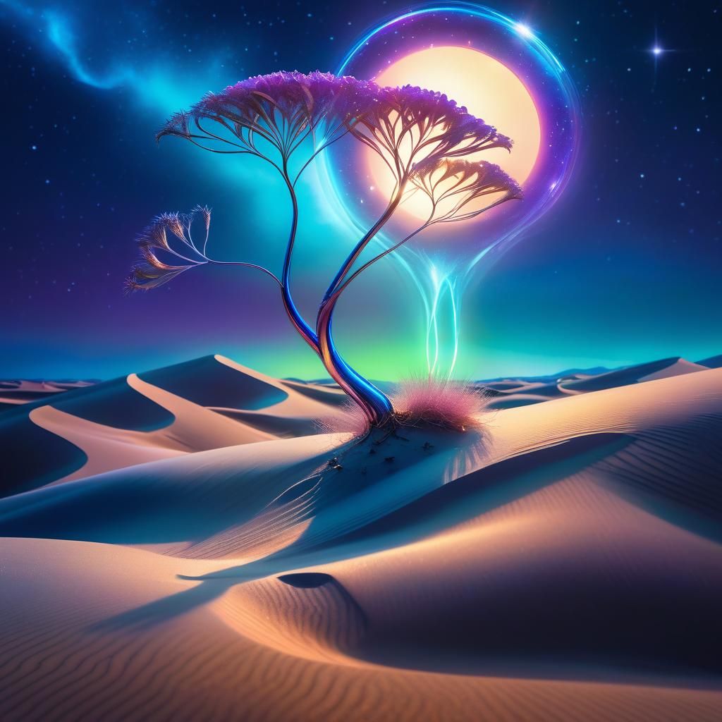 Seedling Among Iridescent Dunes in Ethereal Art Style