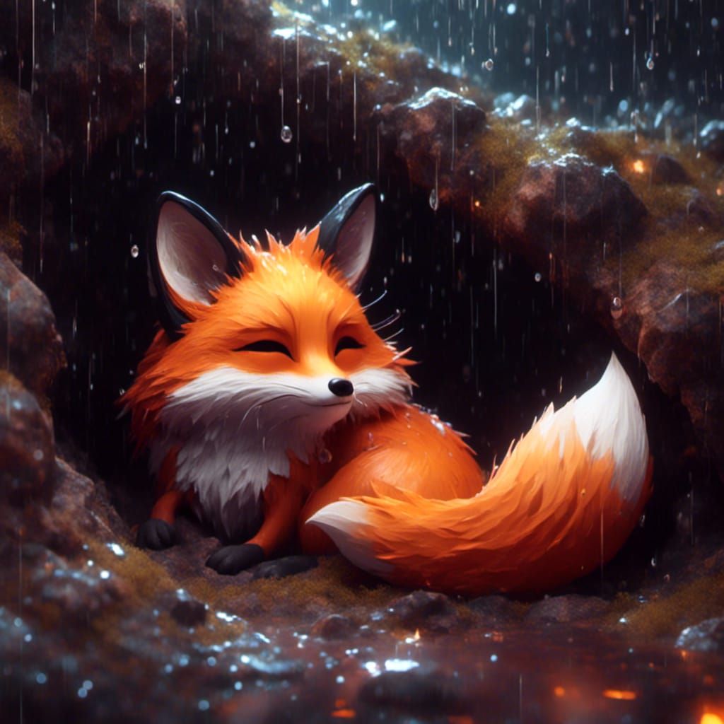 Cute Fox and Mouse Sleeping in Rainy Cave