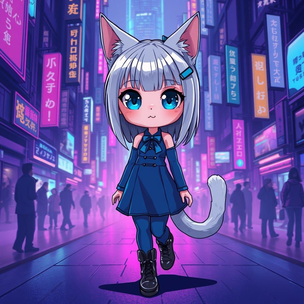 Cyberpunk Catgirl Struts Through Neon City