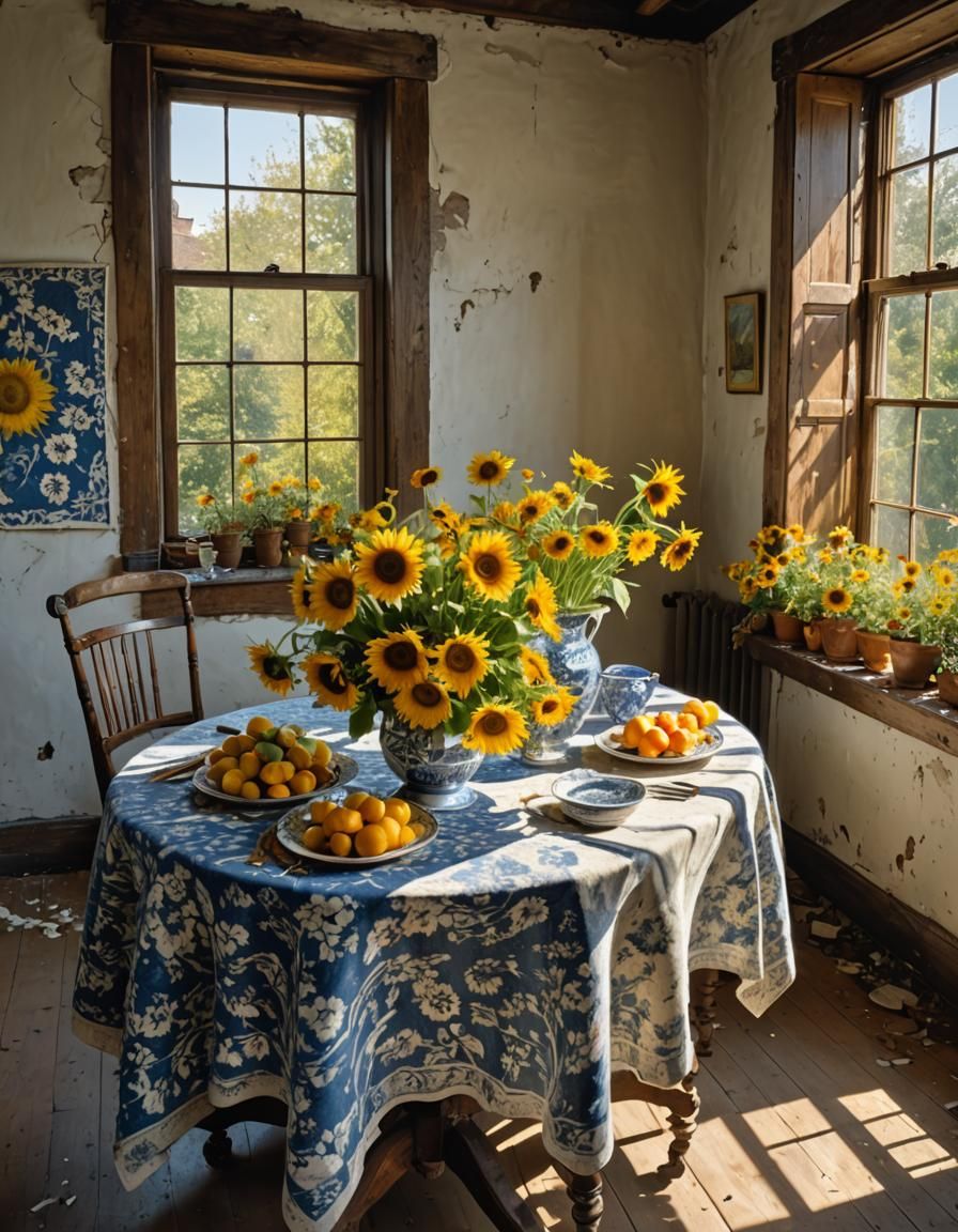Floral Still Life with Sunflowers in Golden Age Style