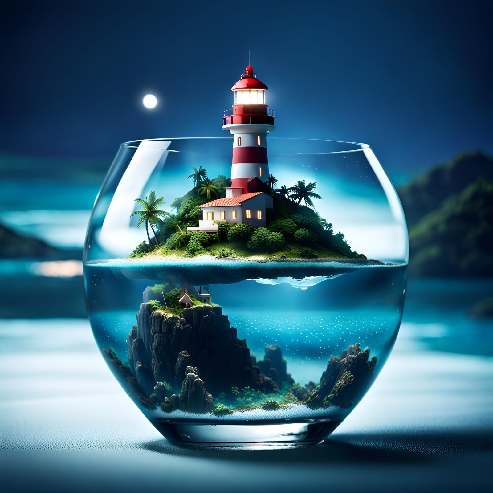 Lighthouse Island in a Glass: Surreal Night Scene