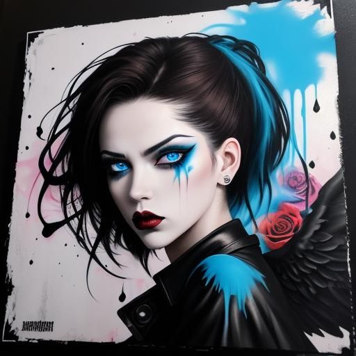 Angry Gothic Angel in Rose Garden Graffiti Art