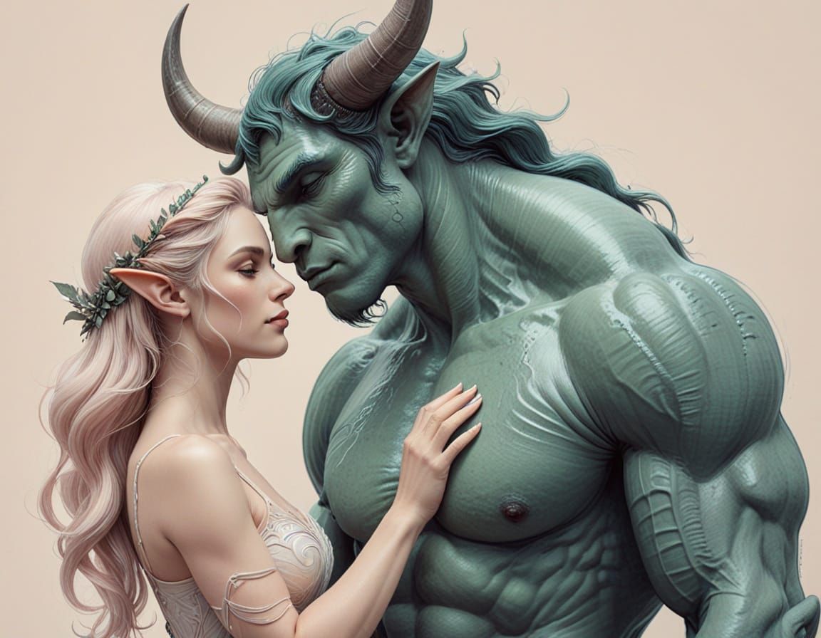 Elf and Minotaur Flirting in Ink Sketch Style