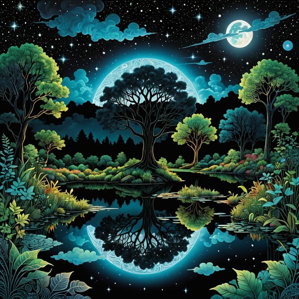 Bioluminescent Oasis with Zentangle Clouds and Starry Sky