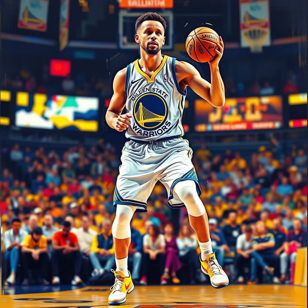 Stephen Curry in Dynamic Basketball Pose with NBA Arena