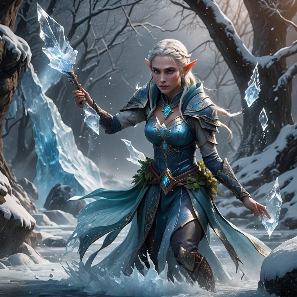Icy Elf Creates Ice Stream: Fantasy Art