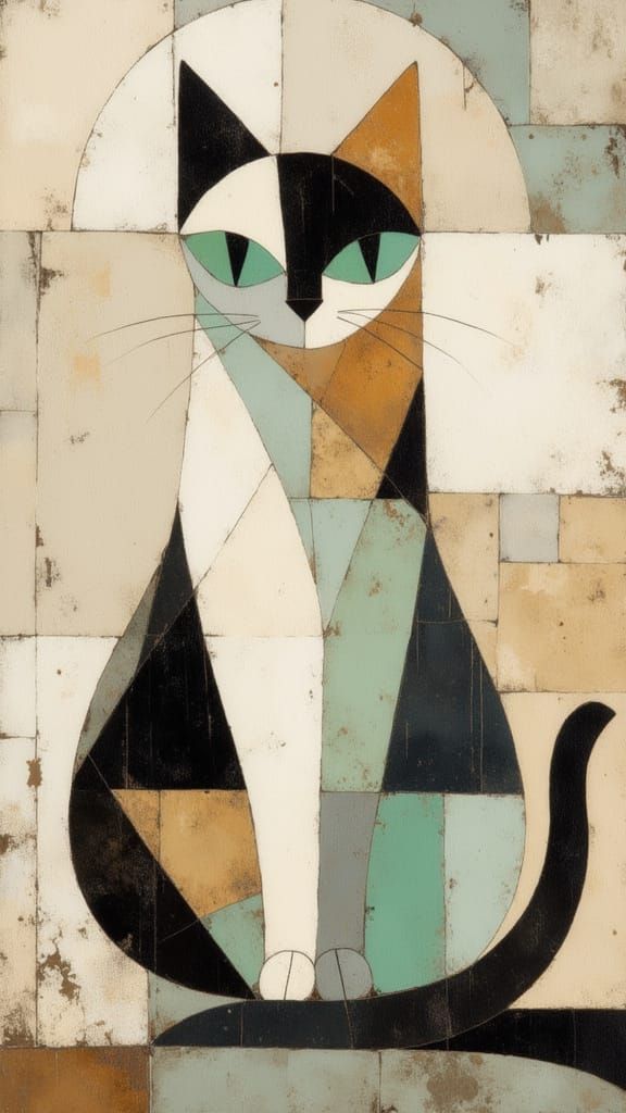 Geometric Abstract Cat in Muted Colors as Mid-Century Modern...