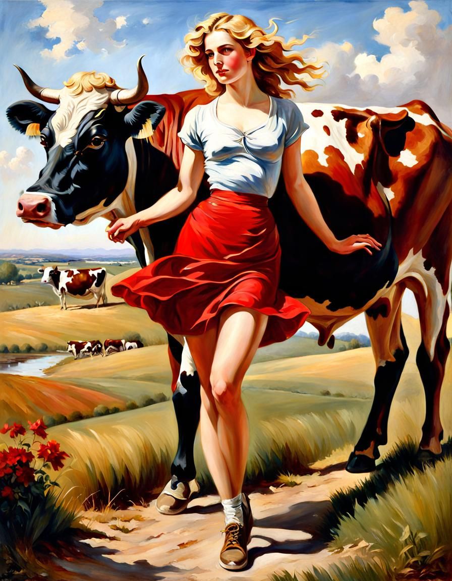 Girl Hugging Cow: Oil Painting in Classical Realism Style