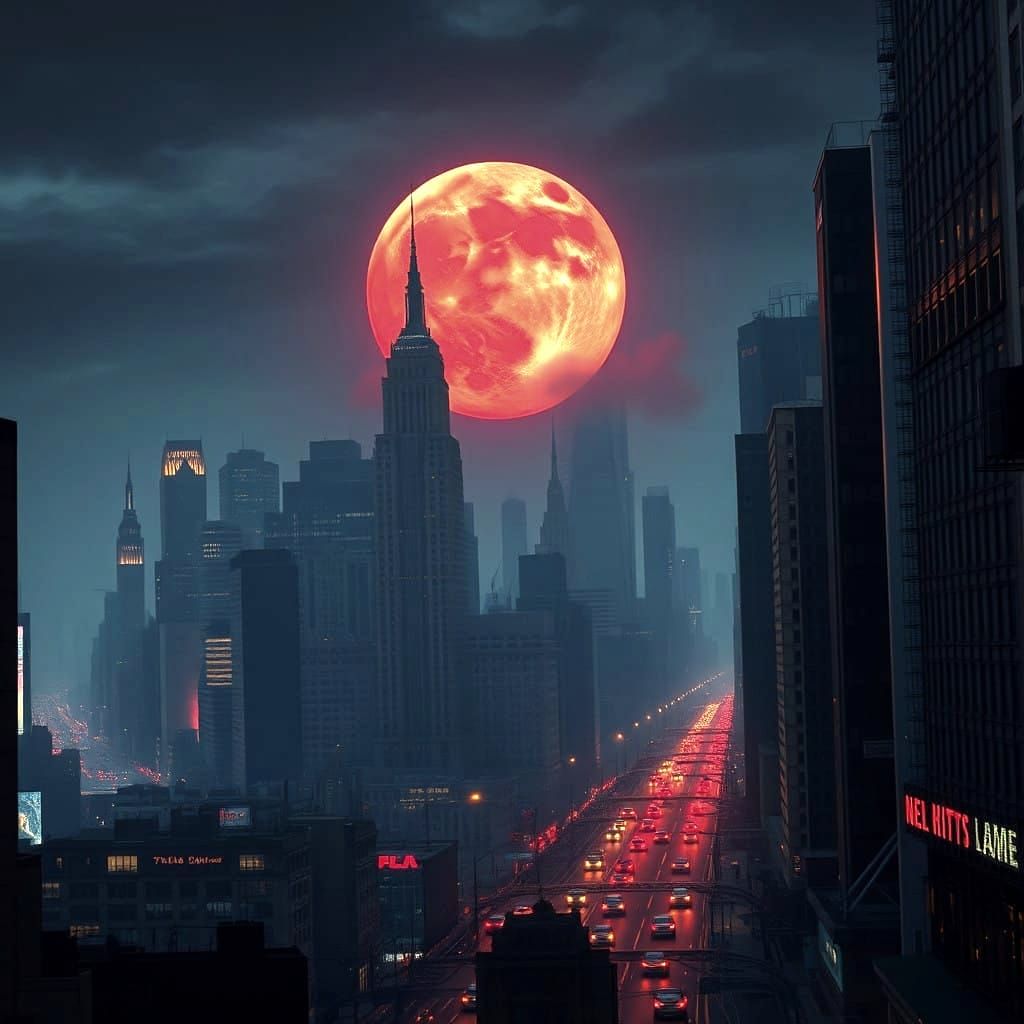 Epic New York City Nighttime Scene under a Brilliant Red Moo...