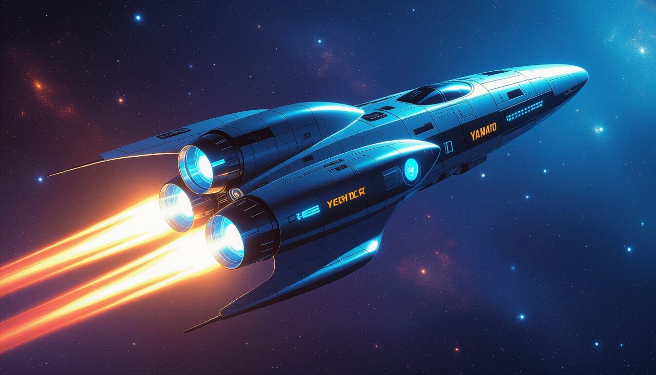 Yamato Spacecraft Soaring Through Starry Galaxy