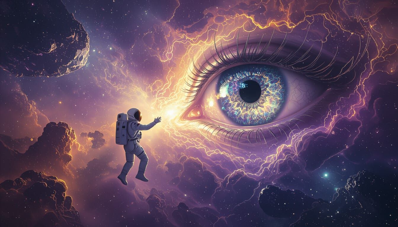 Astronaut Reaches Crystalline Eye in Cosmic Nebula