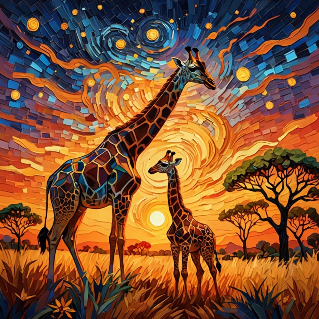 Mother Giraffe in Swirling Sunset African Savannah