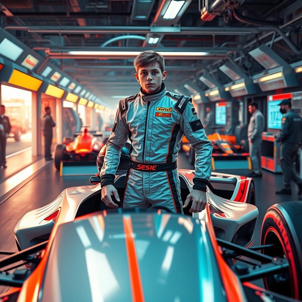 Futuristic Race Car Driver in Neon-lit Pit Lane