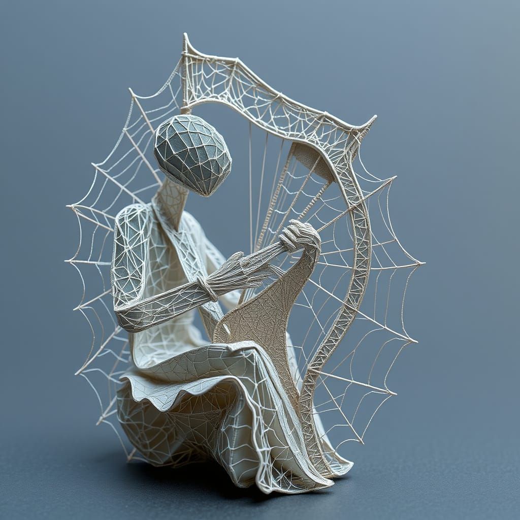 Spiderweb Harpist in Delicate Papercraft Style