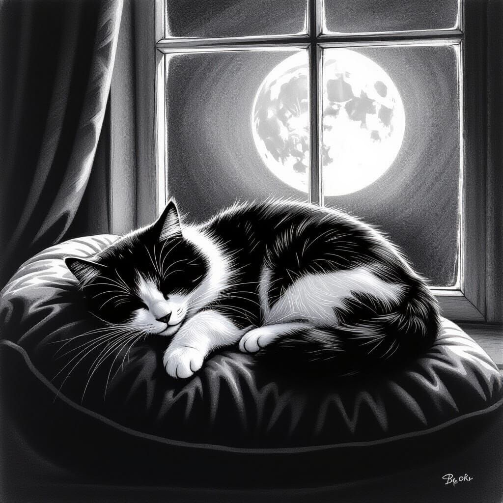 Black and White Cat Sleeping on Velvet Cushion, Charcoal Ske...
