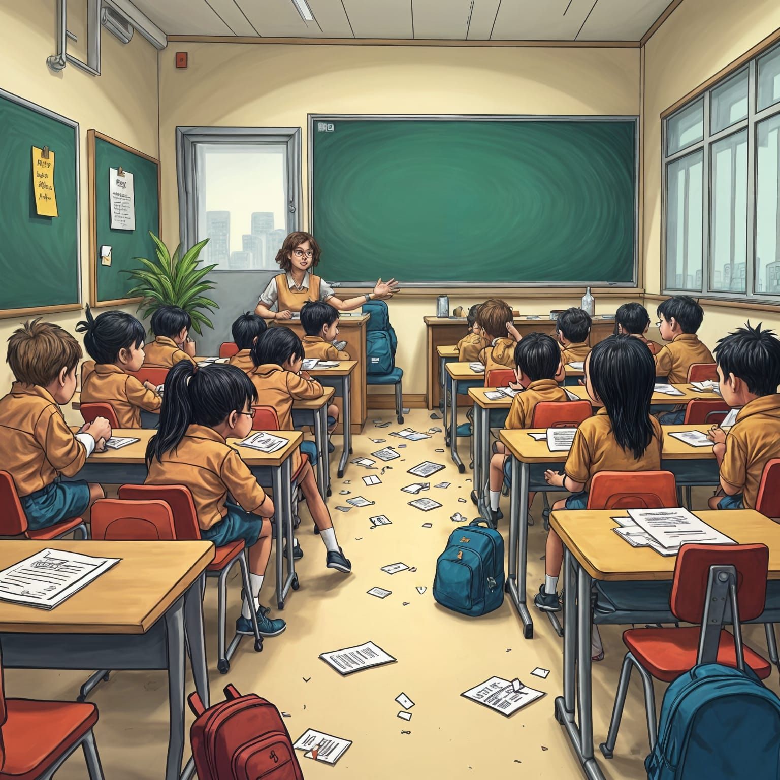 A Classroom Trashed by Mischievous Students in Animated Chao...