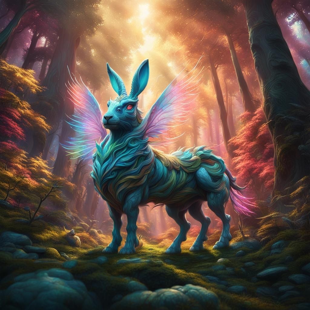 Majestic Rabbit-Unicorn Hybrid in Lush Forest
