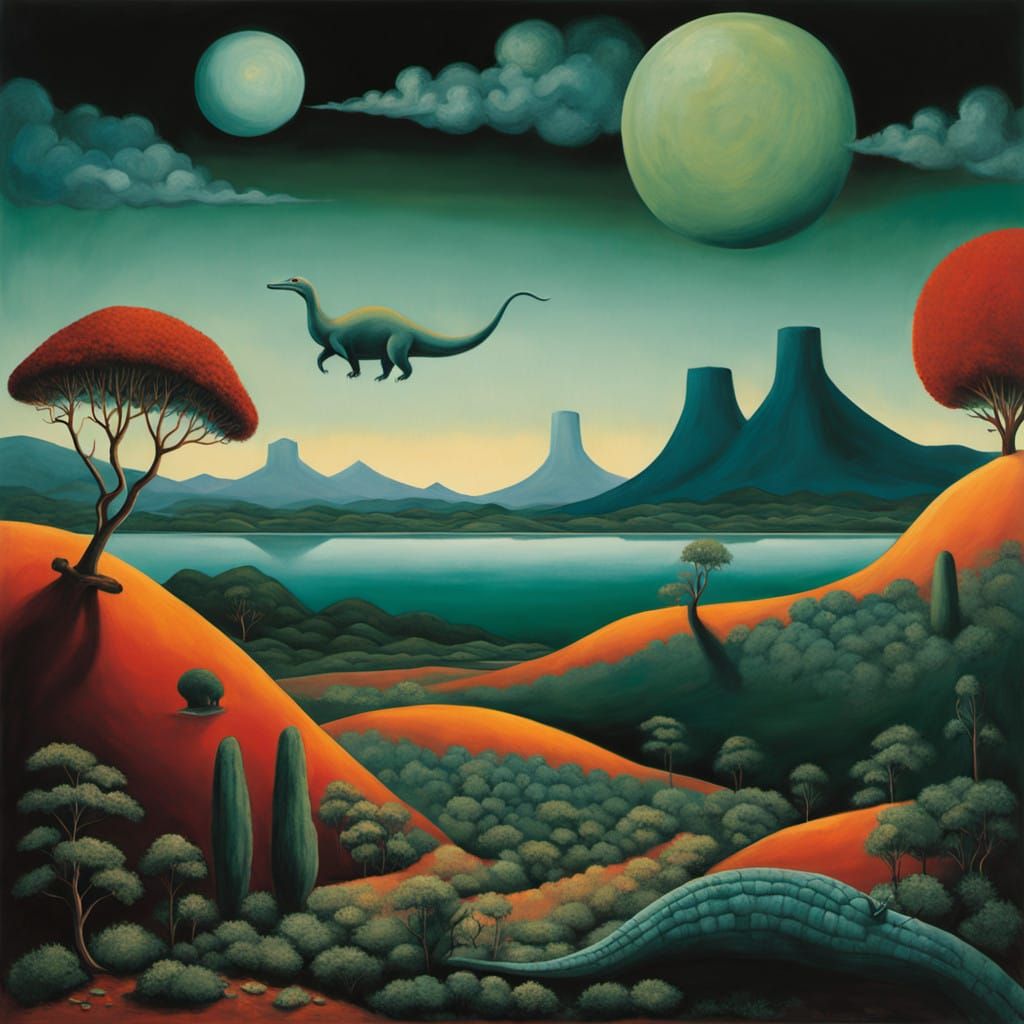 Surrealist Clay Figure in Prehistoric Paradise