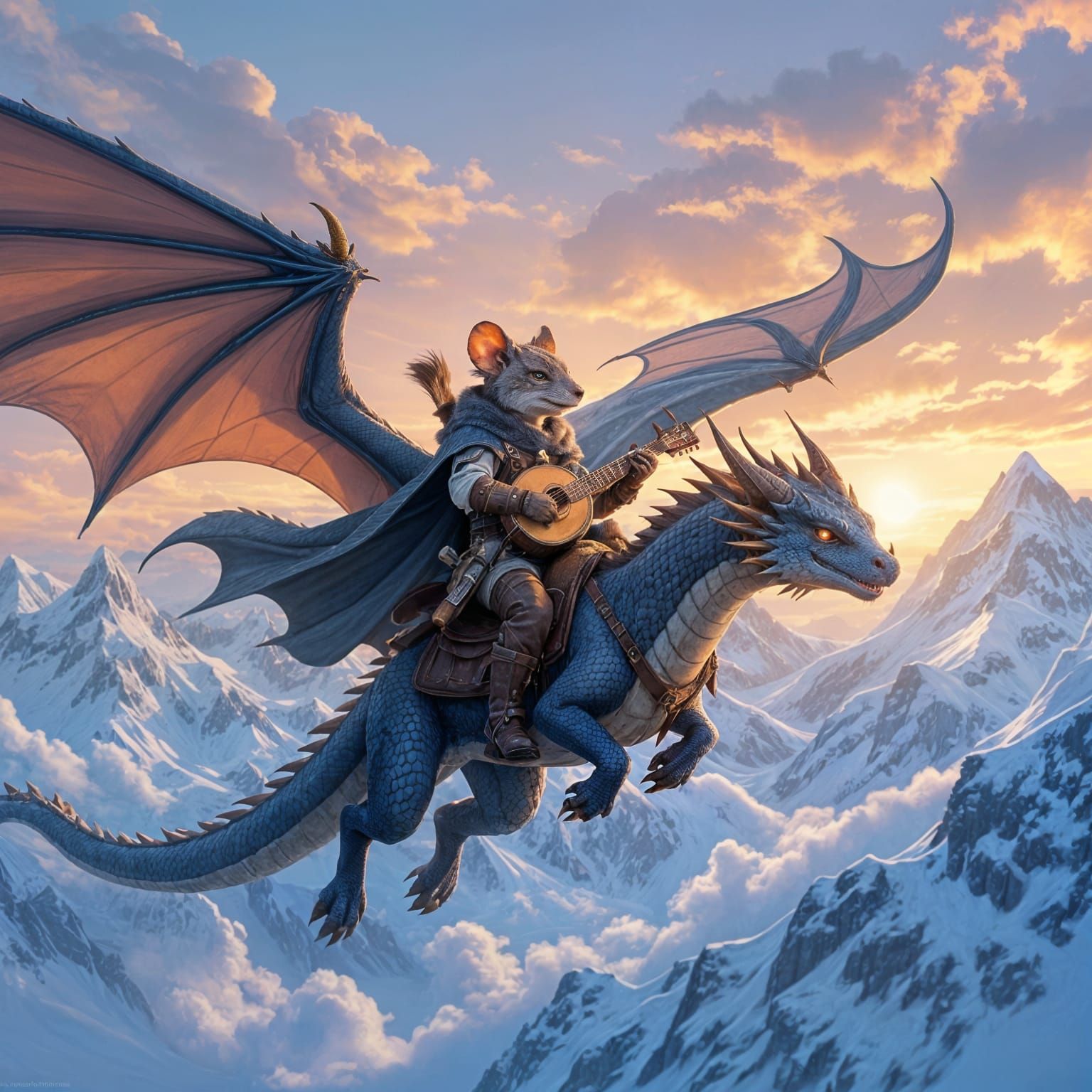 Mouse Adventurer Rides Dragon Over Golden Dawn Mountains