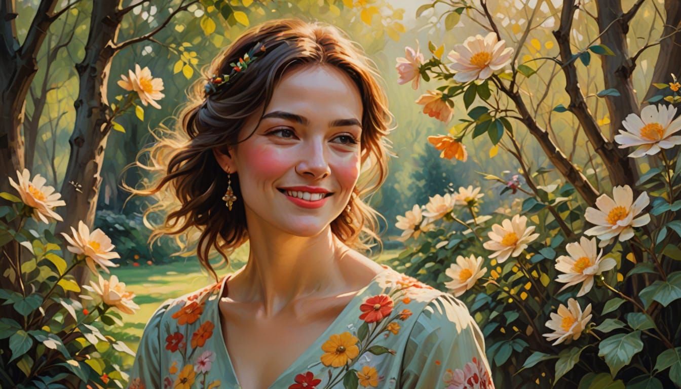 Impressionist Oil Portrait of a Beautiful Smiling Woman in a...