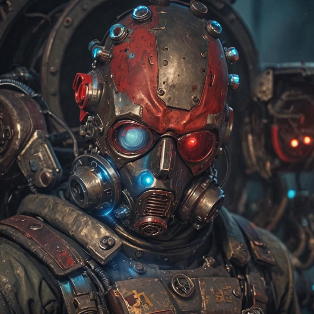 Dieselpunk Cyborg with Cybernetic Implants and Soviet Gas Ma...