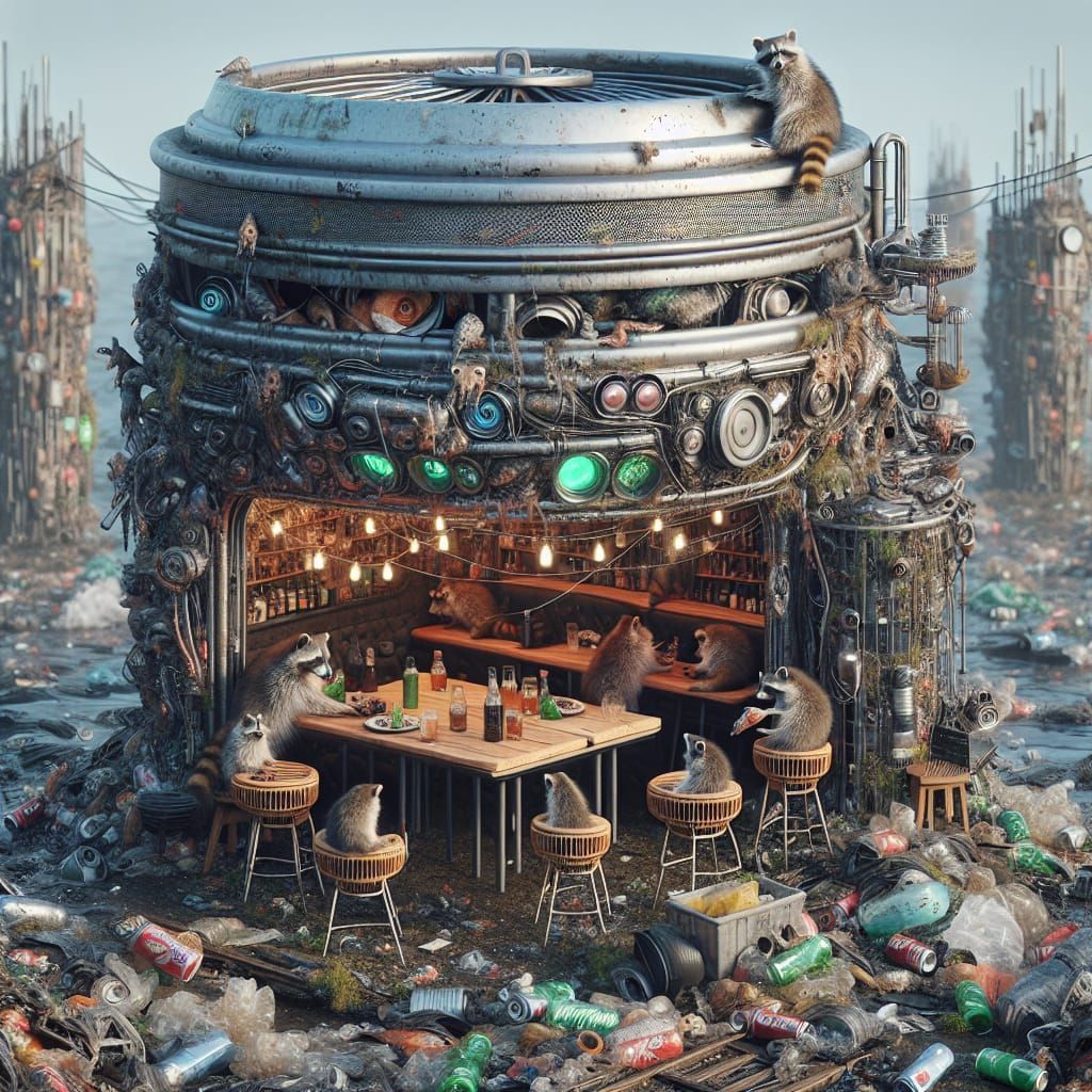 Trashpunk Pub: Raccoons Engineer Surreal Future
