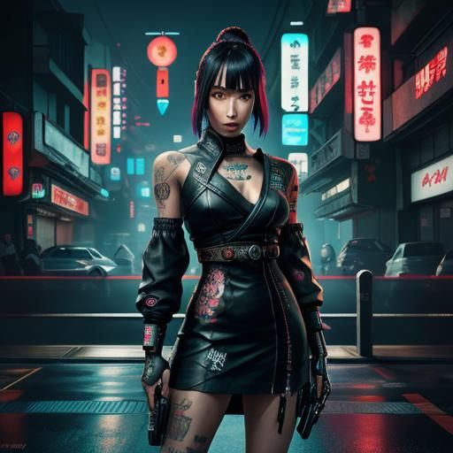A Japanese girl with a yakuza tattoo design on her dress. cyberpunk 2099 blade runner 2049 neon she is standing in a cyb...