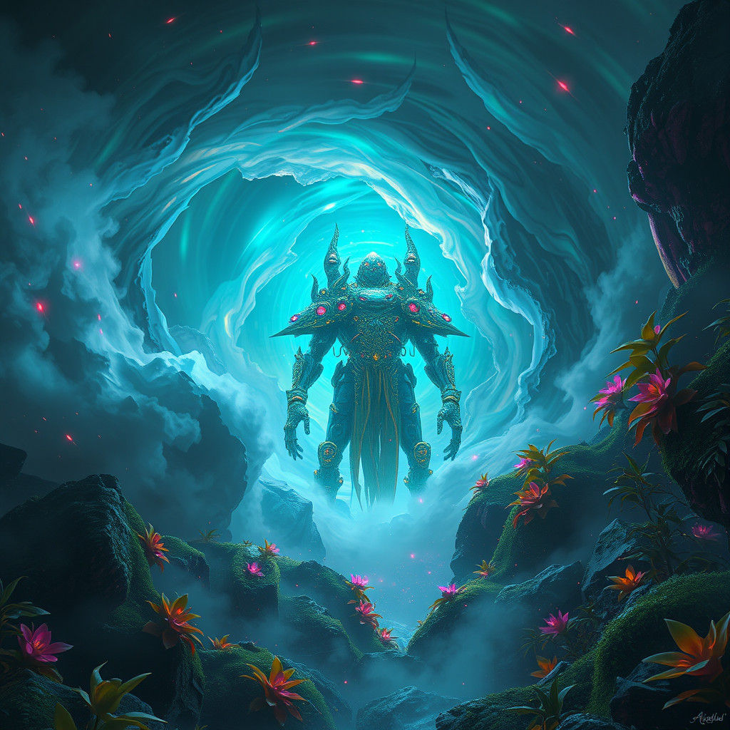 Otherworldly Entity Emerges from Iridescent Mist