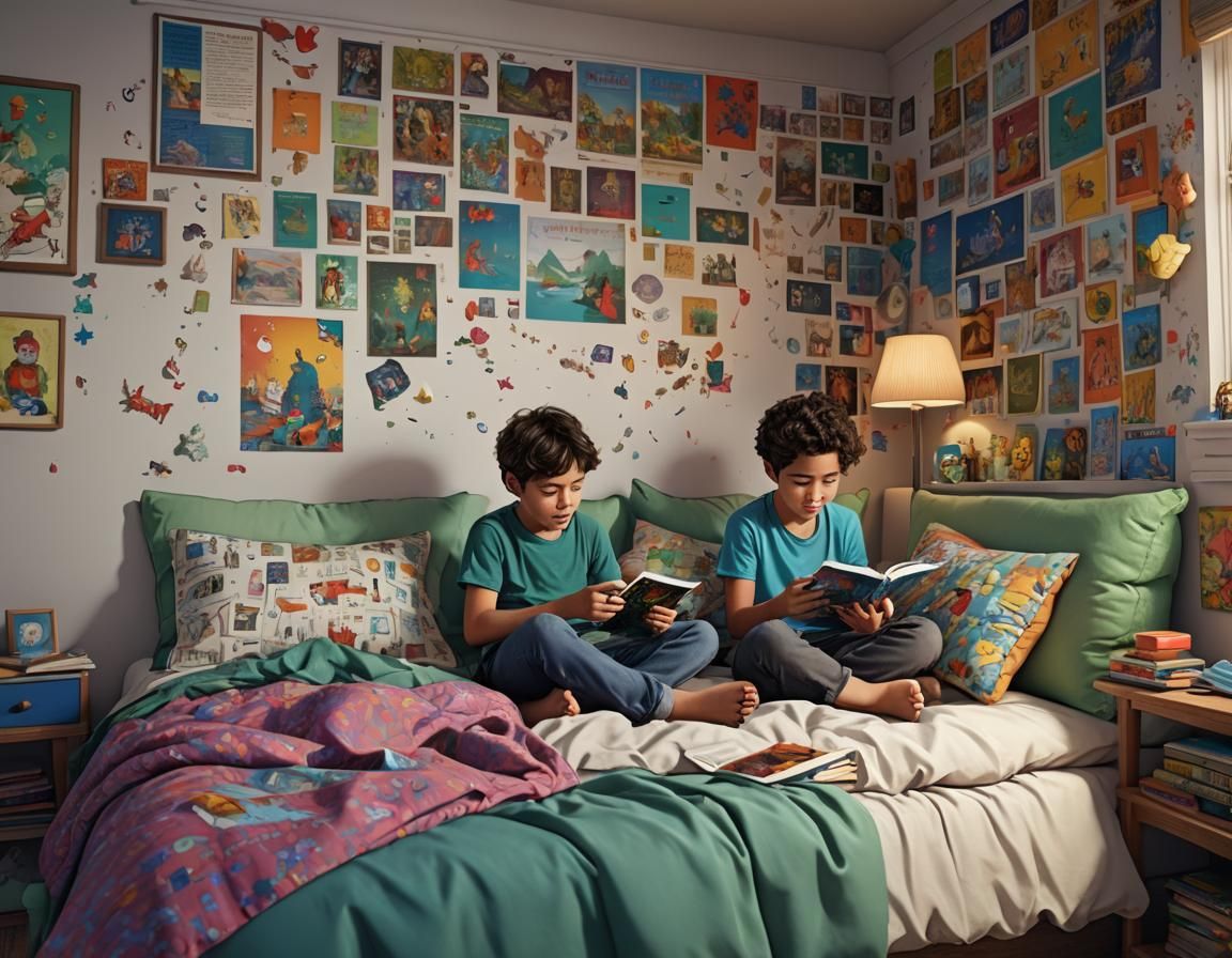 Divided Bedroom: Kids Reading and Using Phone