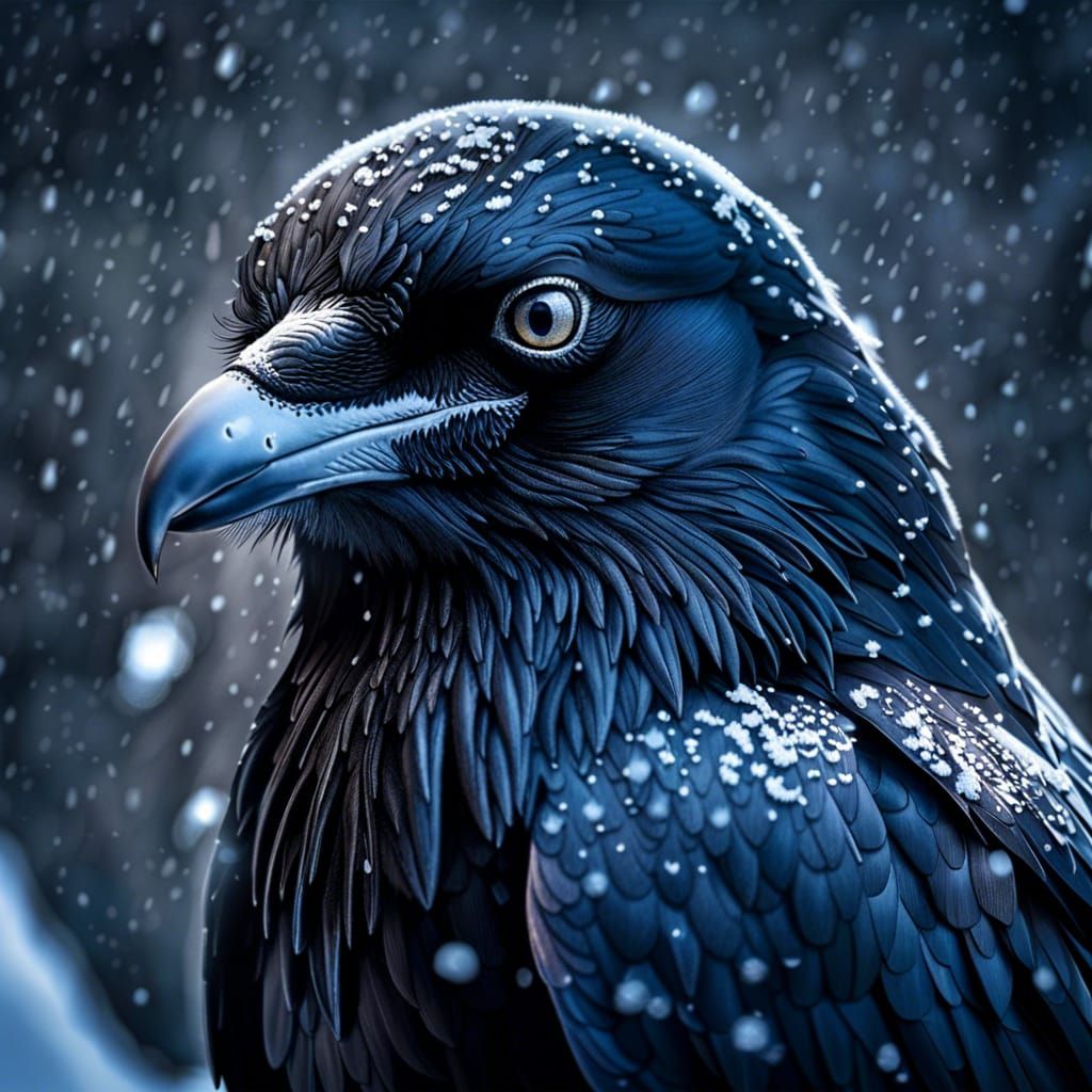 Hyperrealistic Raven Portrait in Snowy Game of Thrones Style