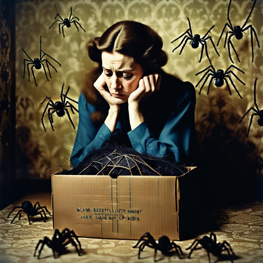 Sad Woman and Spiders in Vintage Photo