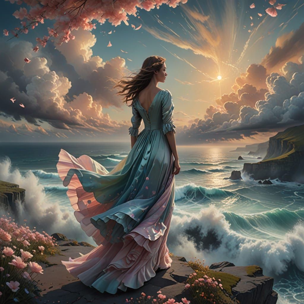 Woman on Cliff Edge in Pastel Colors