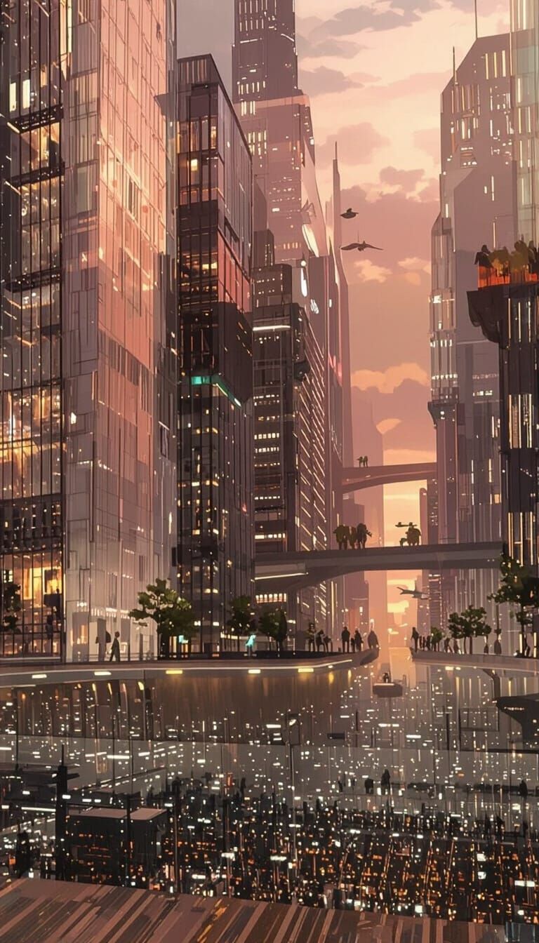 Futuristic City in Dark Gray Anime-Inspired Fantasy Art