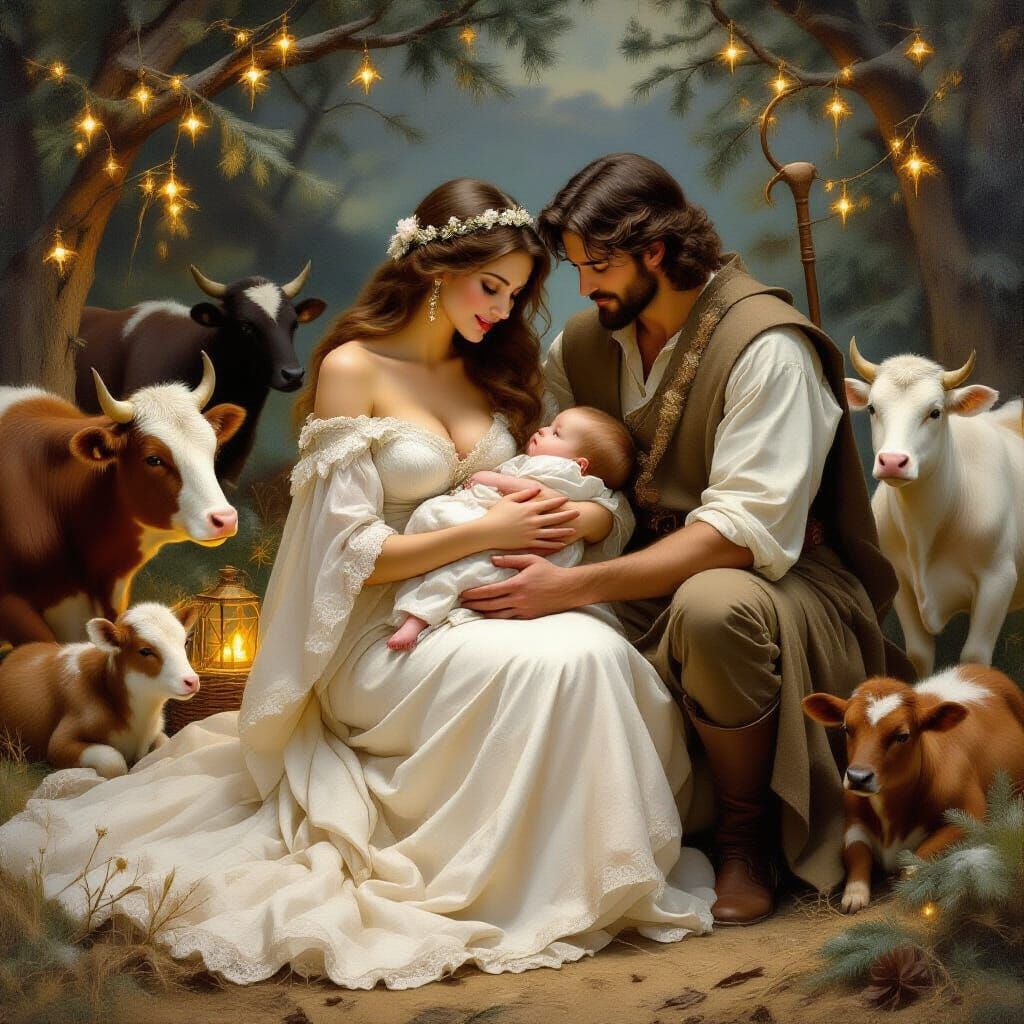 Romantic Winter Scene: Woman and Baby in Cozy Christmas Sett...