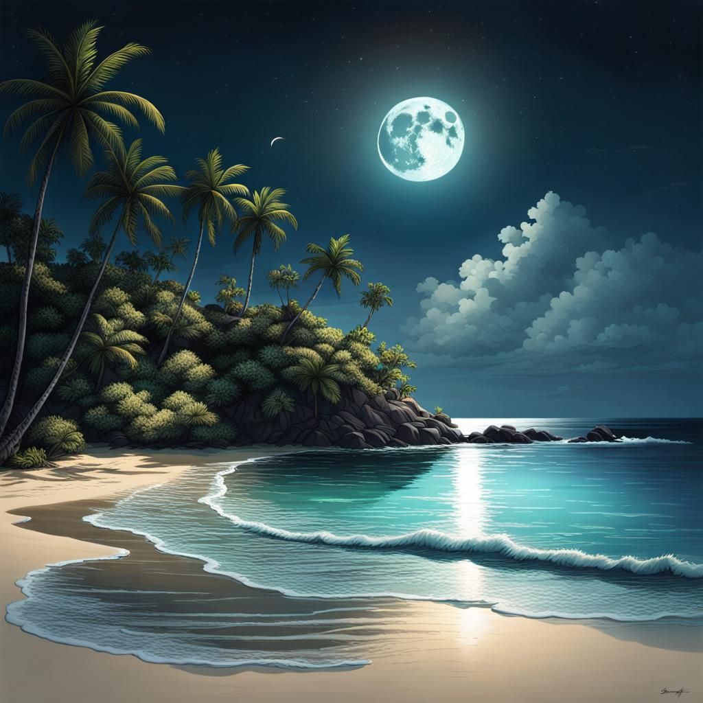 Moonlit Tropical Island Cove at Night