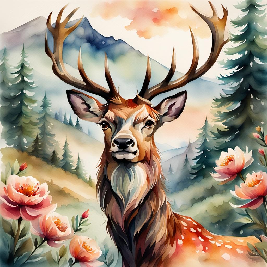 Noble Stag in Watercolor Landscape Illustration