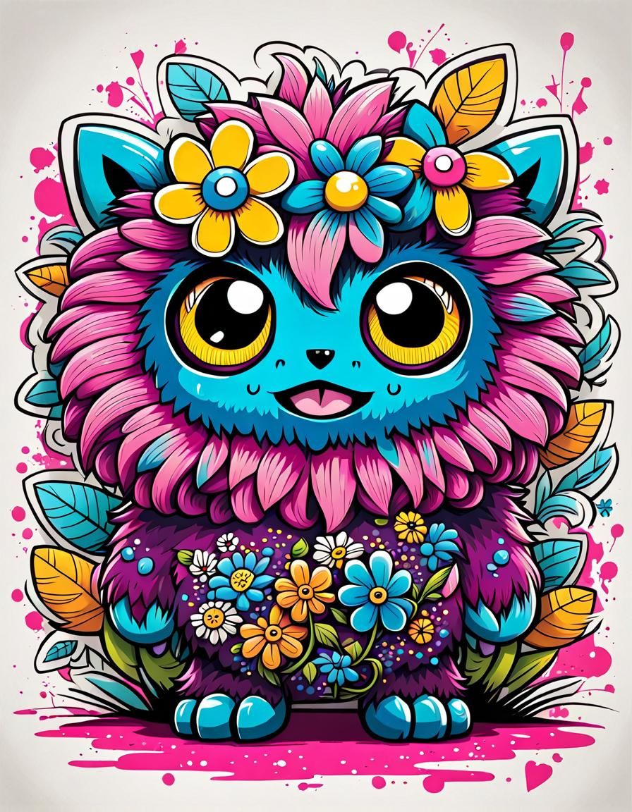 Cute Graffiti Monster with Floral Details