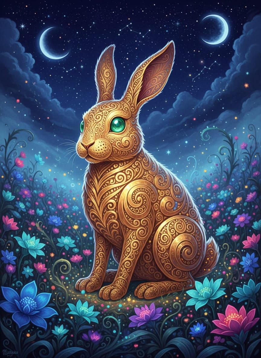 Golden Rabbit with Emerald Eyes in Bioluminescent Garden