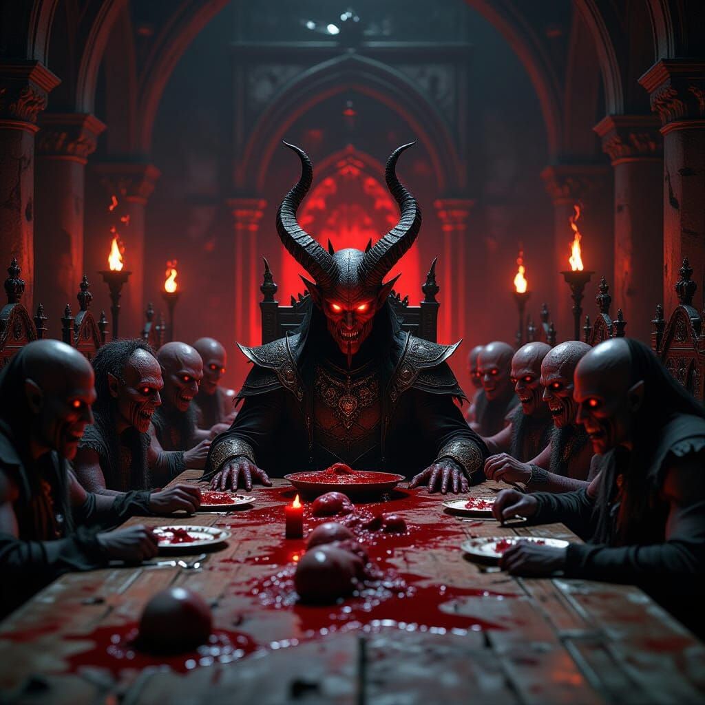 Demonic Overlord's Feast in Gothic Horror Style