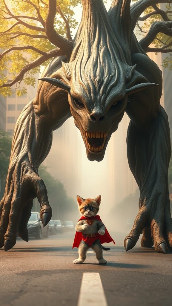 Muscular Tree Hybrid Meets Adorable Kitten Superhero in Whim...