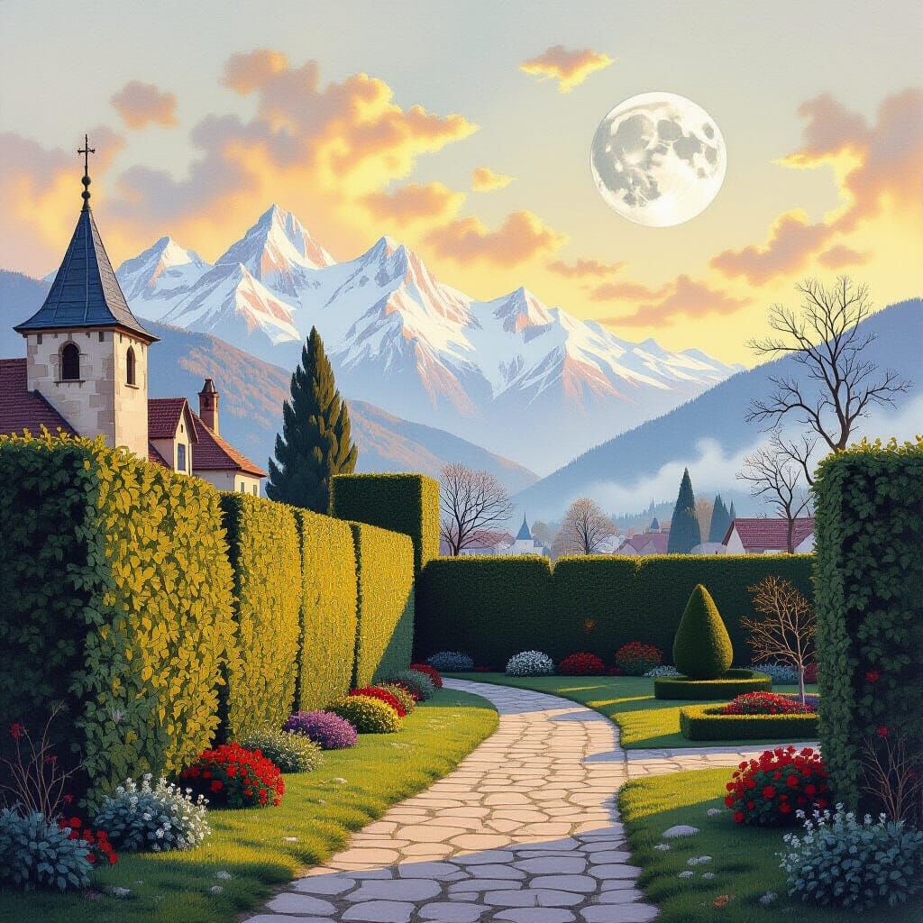 Dreamy Medieval Landscape with Golden Light, Watercolor Styl...