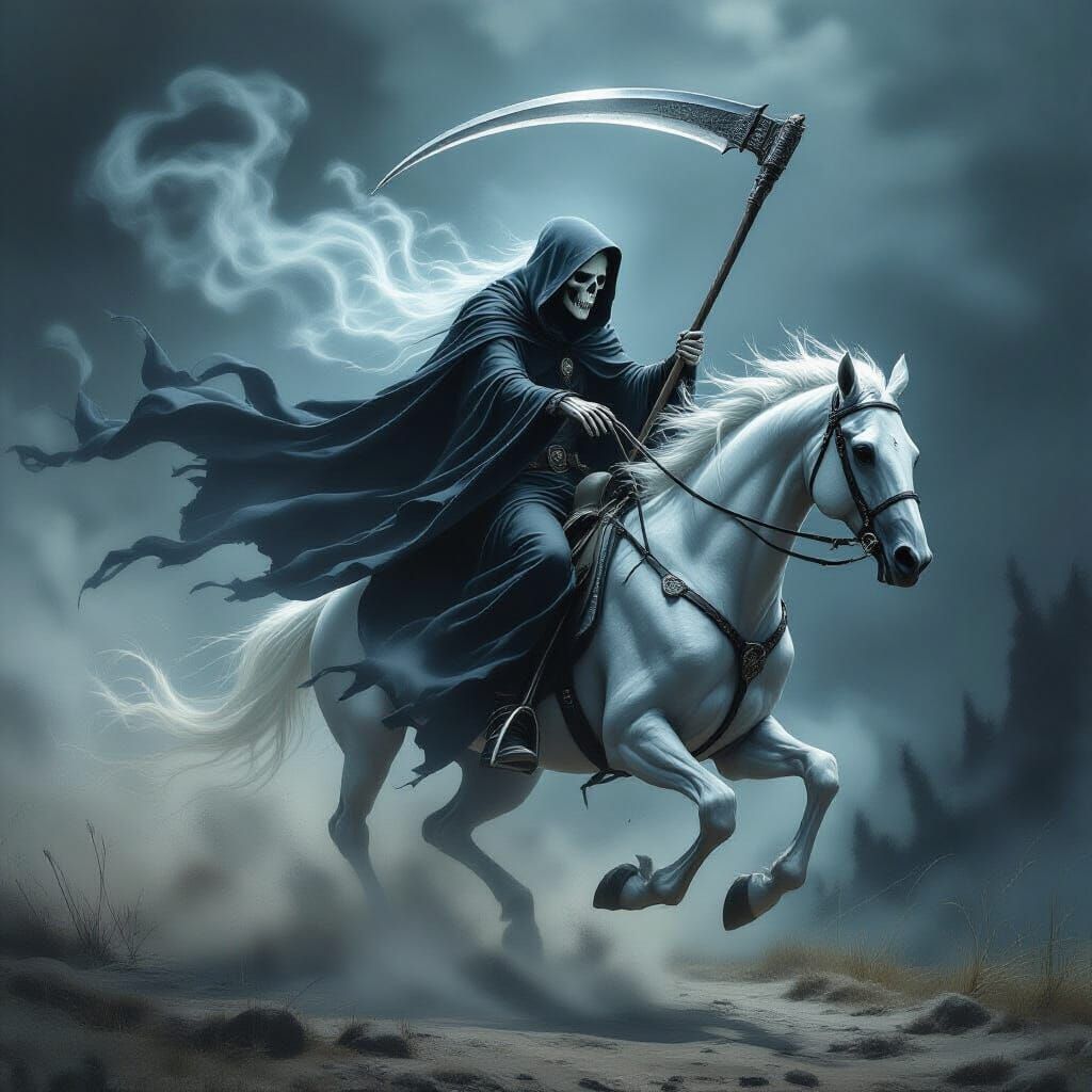 Smoky Grim Reaper Rides Skeletal Horse