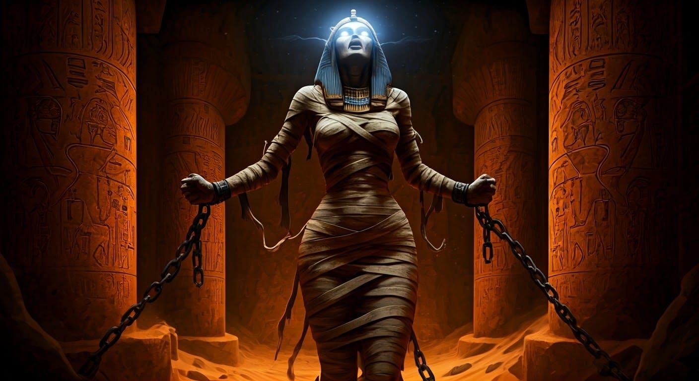 Egyptian Queen Mummy Soaring in a Tomb